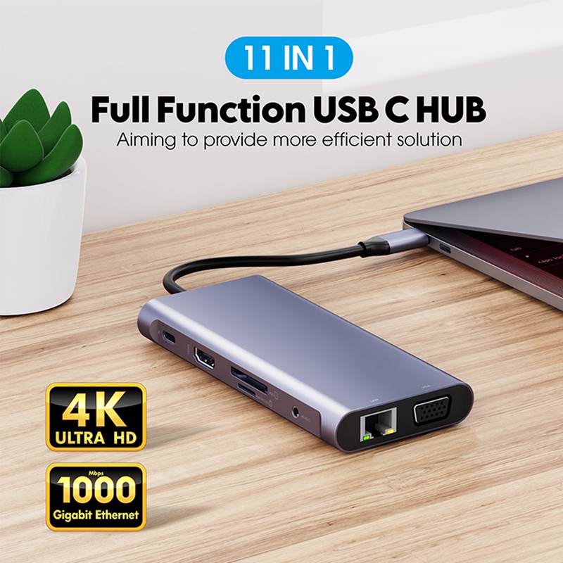 Usb C Hub, 11 In 1 Station Met 4K Hdmi-Compatibel, Vga, 2 Usb 3.0 Poorten, 2 Usb 2.0 Poorten, 87W Pd 3.0, Ethernet, Mic