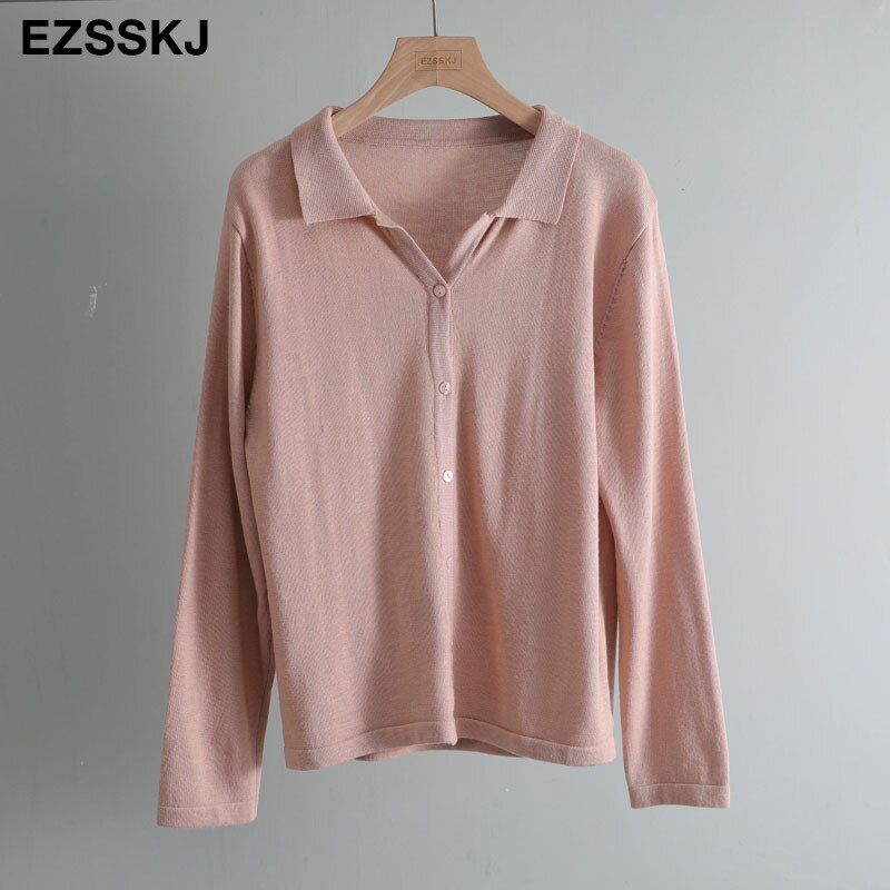 Casual kvinner genser turn-down krage strikket cardigan langermet løs vårgenser cardigan kvinnelig basic jakke: Rosa