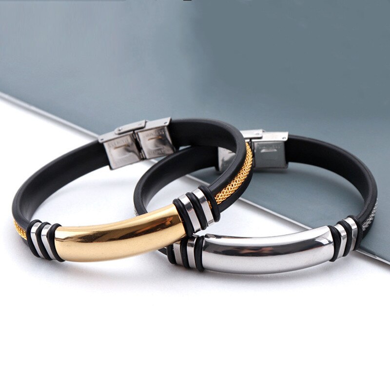 Silbrig/Gold Farbe Leere Bar Edelstahl Männer Handgelenk Band Rillen rüder Gittergewebe Verknüpfung EinfüGen Punk Armbinde Stilvolle lässig armreif