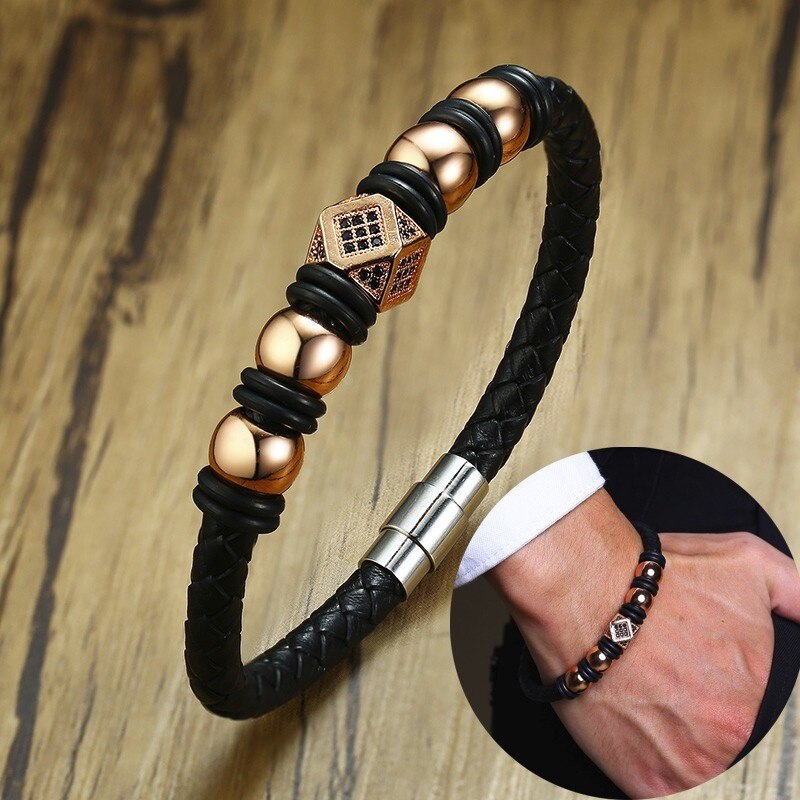 Stylish Mem Jewelry Rose Gold Tone Beaded and Black CZ Modern Mens Braided Leather Bracelet