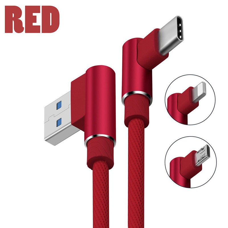Câble tressé Type C/IOS/ Micro USB, 90 degrés, Angle droit, synchronisation rapide des données, chargeur: Red1