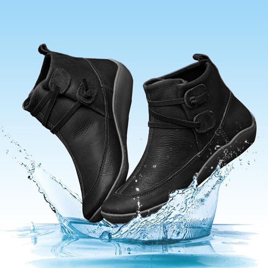 Botas informales para mujer, nuevos zapatos de invierno, botas de piel Vintage para mujer, zapatos planos impermeables, botines planos de punta redonda para invierno