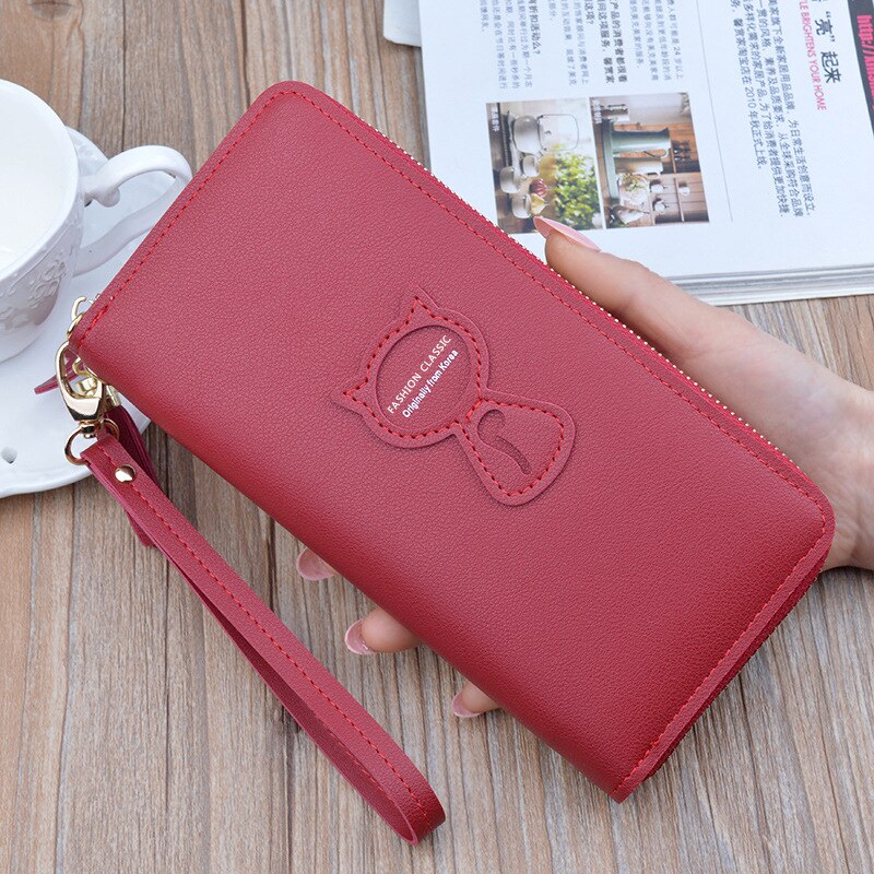 Girls long leather wallet women phone wallet laides cute card holder clutch bag zipper organizer wallet wwristlet female purse: burgundy