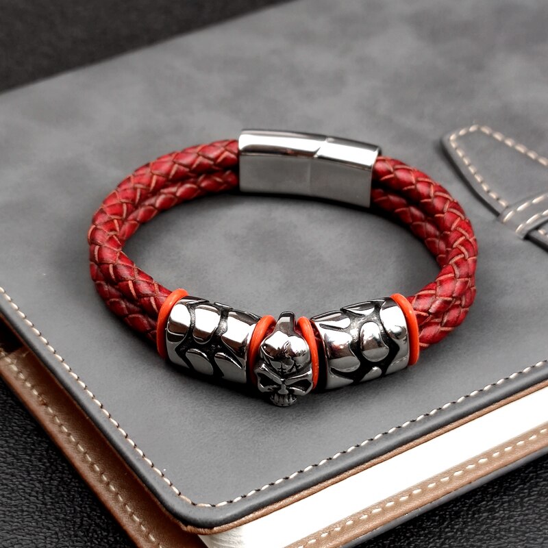 Pop Bohemian Style 316 Stainless Steel Men&#39;s Bracelet Ghost Head Accessories Woven Wine Leather Woman Bracelet 7 Day