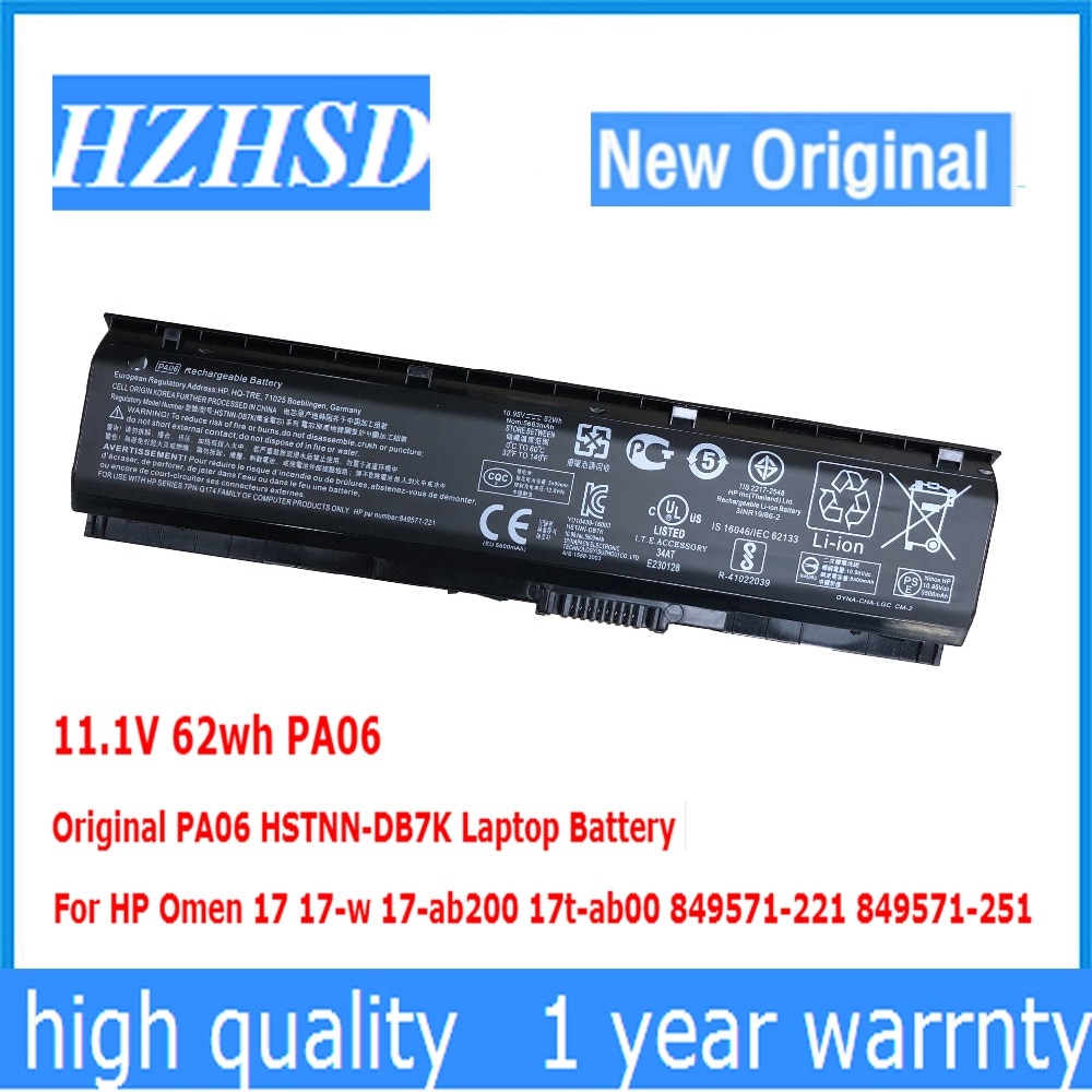 11.1V 62wh PA06 Original PA06 HSTNN-DB7K Laptop Battery For HP Omen 17 17-w 17-ab200 17t-ab00 849571-221 849571-251