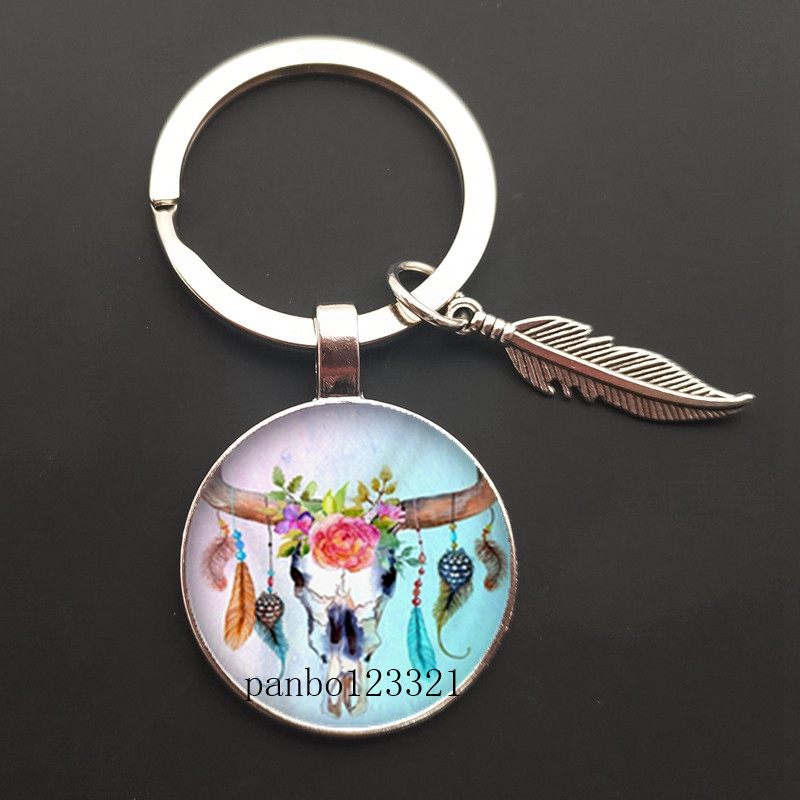 Dream Catcher Tone Key Chain Dream Catcher Feather Round Glass Convex Photo Keychain: F Color