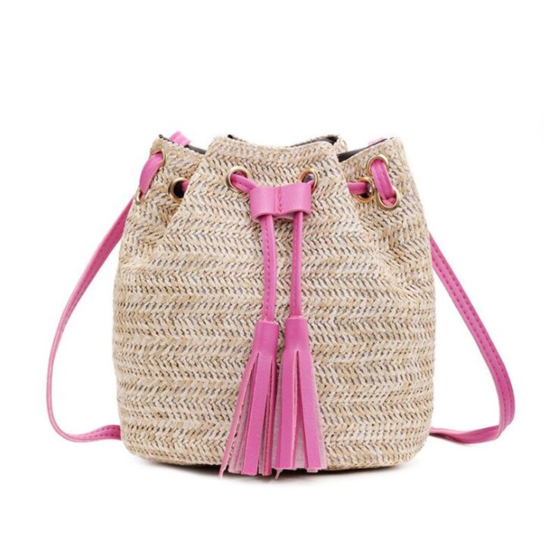 Sommer kvinder kvast bærbar slung skuldertaske retro snøre bucket bag håndtaske