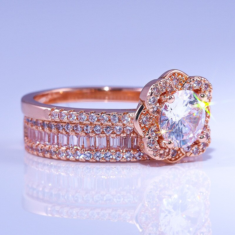 Luxe Vrouwelijke 925 Zilveren Kristallen Zirkoon Ring Set Vintage Rose Gouden Trouwringen Voor Vrouwen Bloem Bridal Engagement Ring