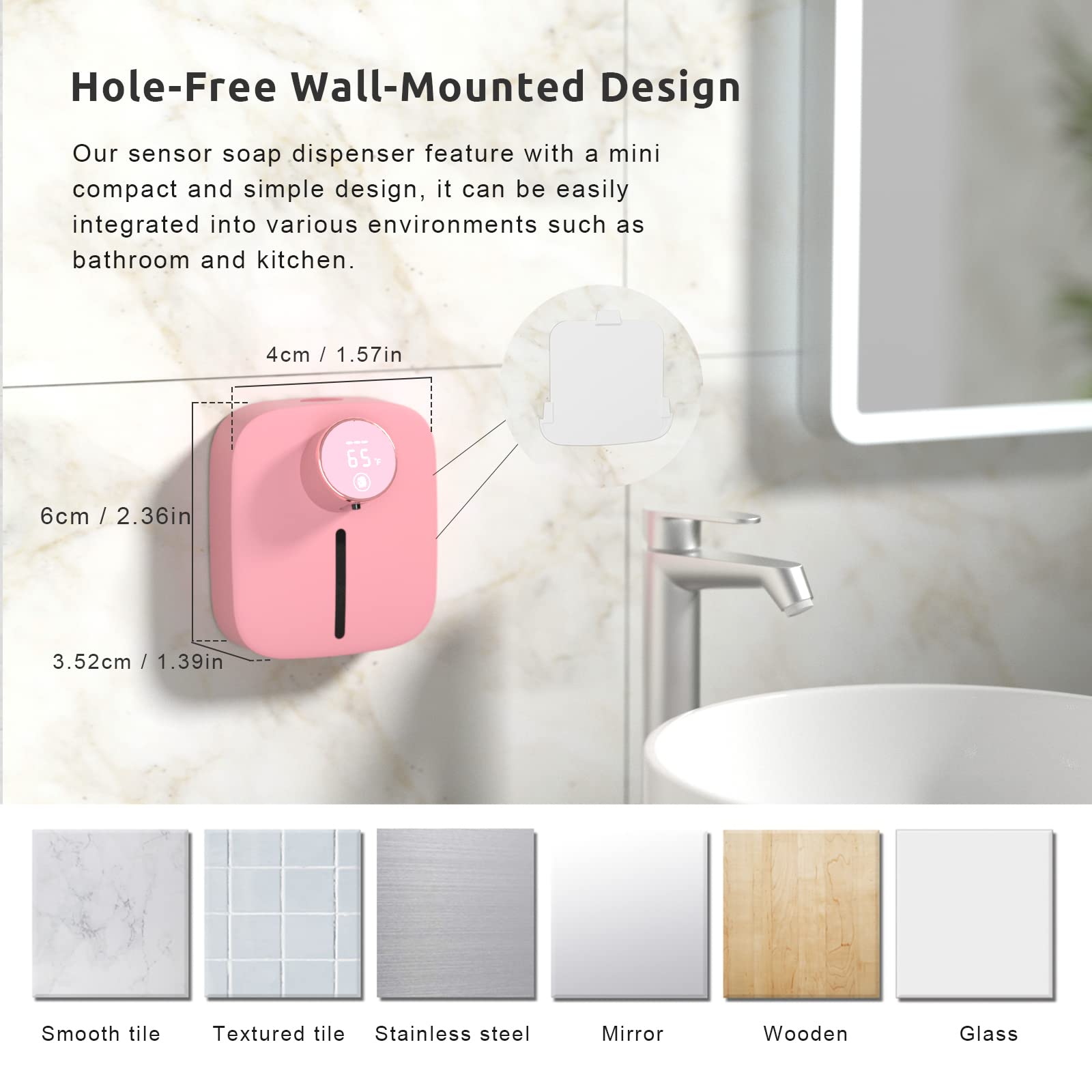 Automatic Soap Dispenser Iorbur Wall Mounted Foaming Soap Dispenser 320ml Rechargeable Waterproof Hand Sanitizer Dispenser Pink
