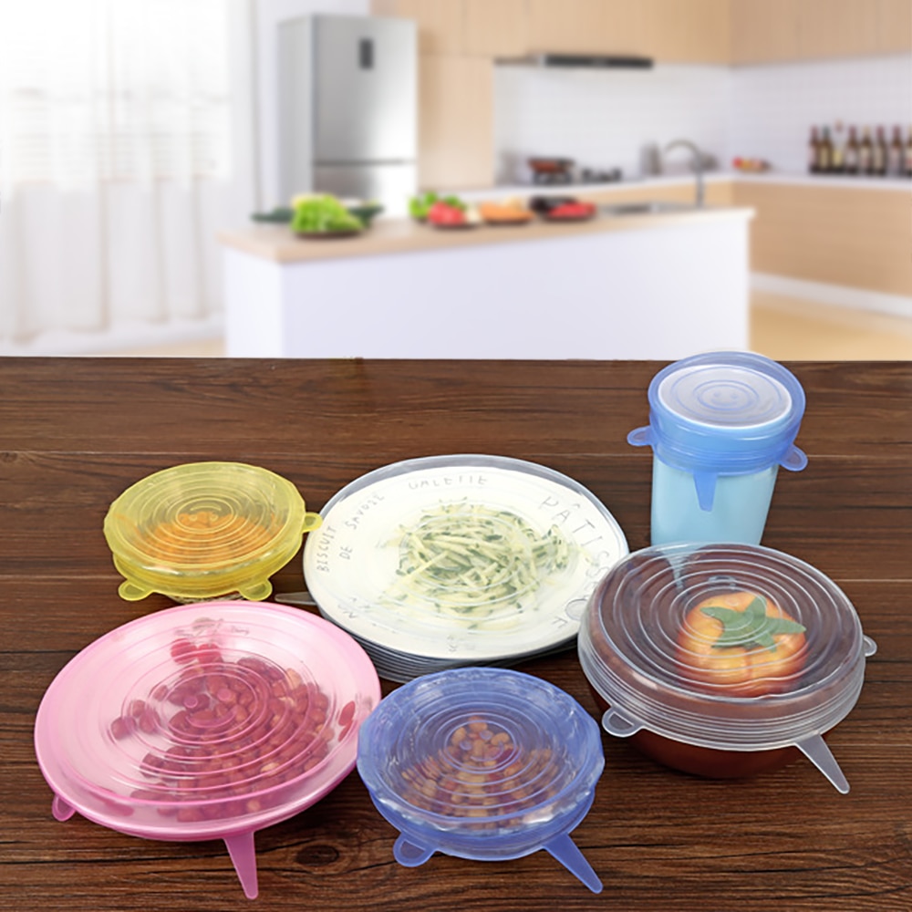 Tapas elásticas de silicona de 6 uds, tapas herméticas reutilizables para envolver alimentos, cubiertas para mantener el bol sellado fresco, cubiertas elásticas para envolver, utensilios de cocina