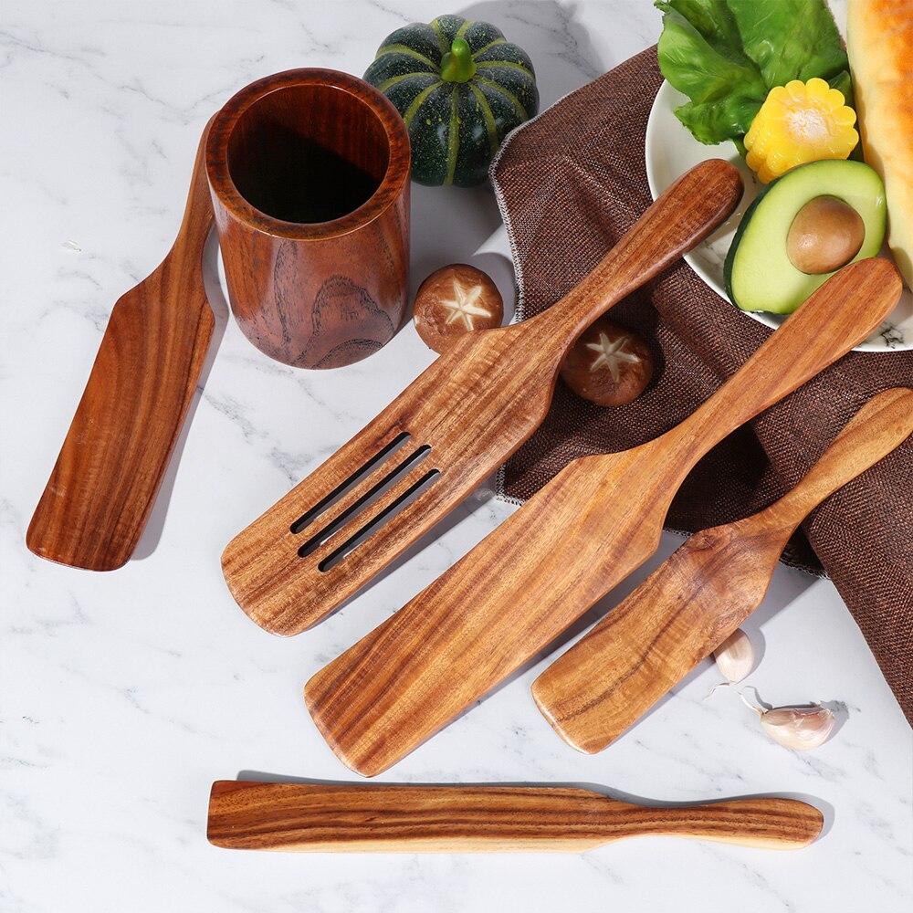 Kitchen Wooden Cooking Utensils Non Stick Natural Microphyll Acacia Wood Cookware Slotted Spurtle Spatula For Stirring Tools