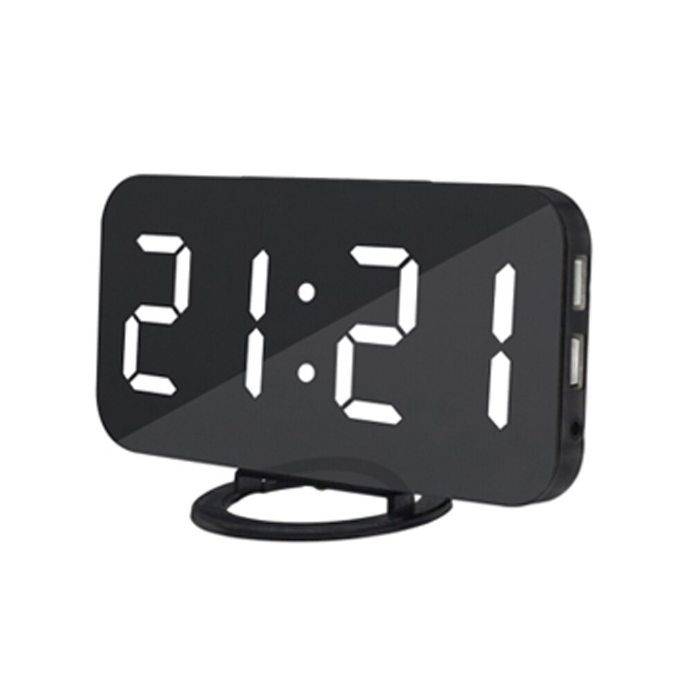 LED Alarm Clock With Dual USB Charging Port For Mobile Phone Charging Mirror Clock Snooze Function Automatic Dimming: White on Black