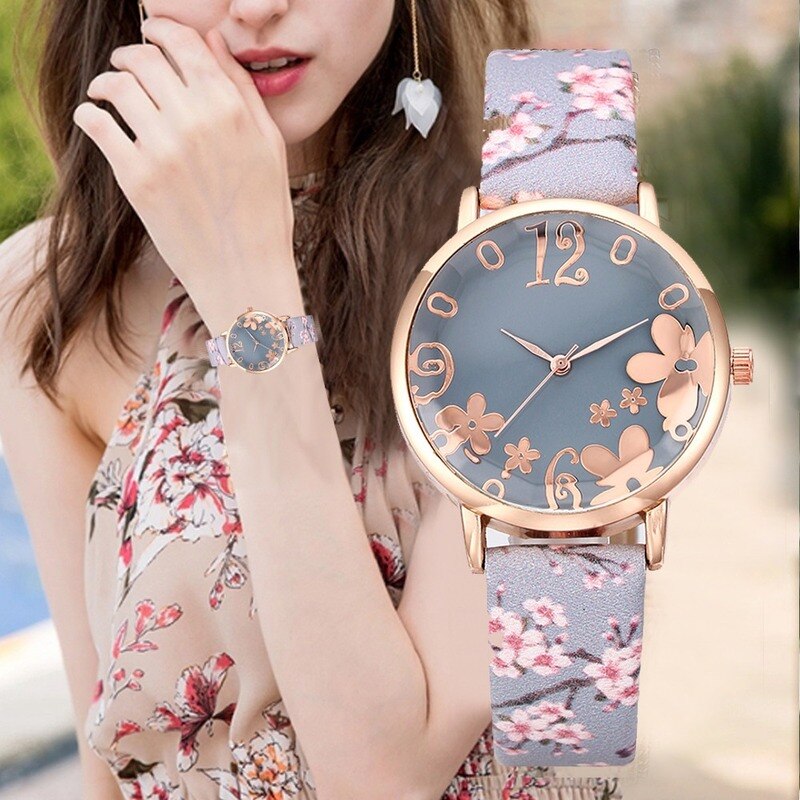 Vrouwen Mode Reliëf Bloemen Kleine Verse Gedrukt Riem Student Quartz Horloge Montre Femme Reloj Mujer