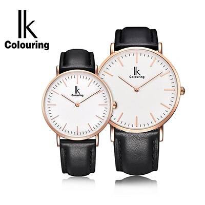 IK colouring Couple montre Simple boîtier Ultra mince japon mouvement à Quartz bracelet en cuir montre-bracelet des amoureux