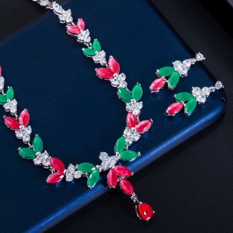 CWWZircons – ensemble de bijoux de mariage en pierre de zircone cubique, collier et boucles d&#39;oreilles, , africain, vert, rouge, T467