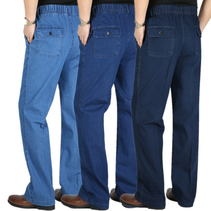 #1301 forår efterår formelle lige jeans mænd lille lomme elastik talje far midaldrende jeans løs elastik talje blå denim