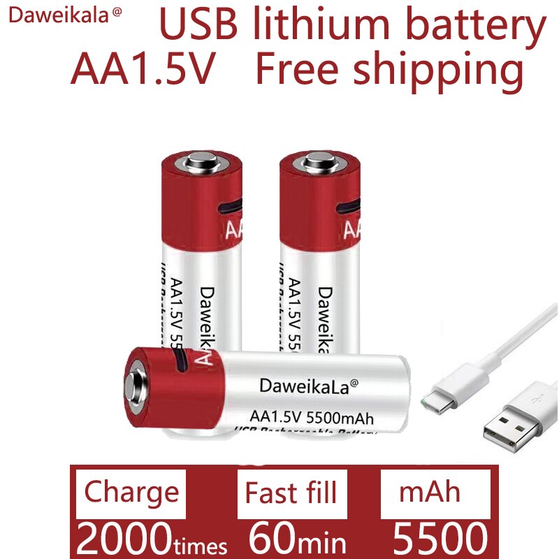 Daweikala-Batería de iones de litio recargable por USB para juguetes, reloj con termómetro, reproductor MP3, teclado, AA, 1,5 mah, 5500 V