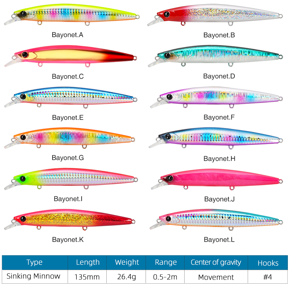 TSURINOYA 135S Fishing Lure tonący Minnow BAYONET 135mm 26.4g słonowodne długie rzucanie profesjonalne przynęty Seabass twarde przynęty