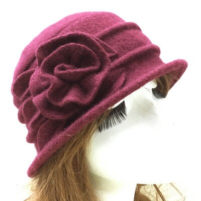 7 Colors Middle Aged Women Dome Fedora 100% Wool Hat Mom Hats For Autumn Winter Solid Floral Warm Floppy Hat Chapeau Femme: wine red