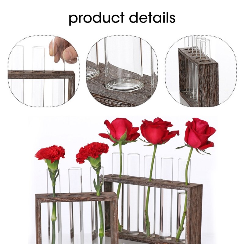 Glas provrör vas plantera blomkrukor med trä stativ hydroponiska växter bonsai kruka hem bordsskiva trädgård dekoration