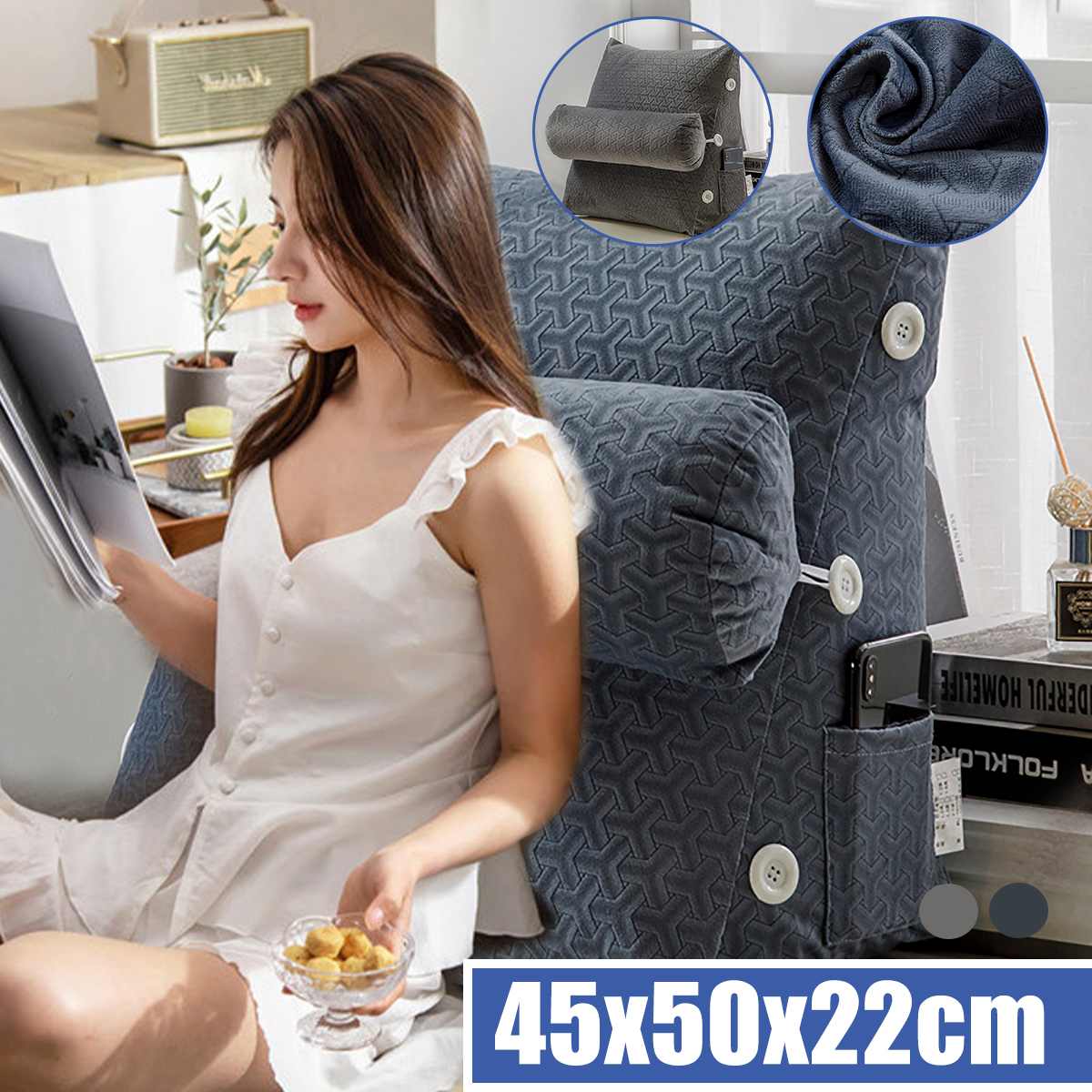 45*50*22cm Comfort Wedge Bed Reading Pillow Large Big Sofa Bedside Bed Lumbar Support Cushion Backrest Back Rest Pillow Bedroom