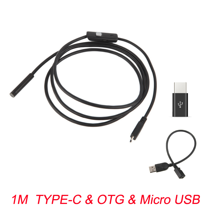 7mm Endoscope Camera Flexible IP67 Waterproof Micro USB Inspection Borescope Camera for Android PC Notebook 6LEDs Adjustable: 1M TYPE-C OTG USB
