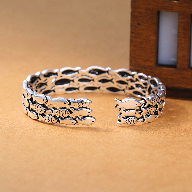 925 sterling sølv stabelbare fisk thai sølv armbånd armbånd vintage åbent manchet armbånd til kvinder mænd s -b276