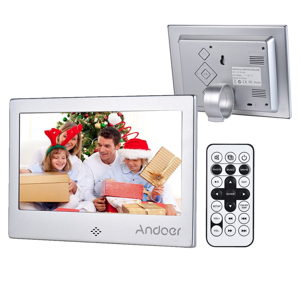 Andoer 7 "LED Digital Foto Rahmen 720P Video/Musik/Kalender/Uhr/TXT Spieler 1024*600 auflögesungen Metall Rahmen w/Fernbedienung: Silber- / UK Stecker