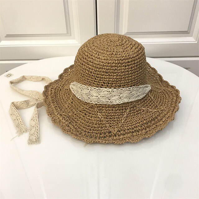 Kant Winddicht Tie Met Grote Rand Papyri Zonnehoed Voor Dames Zomer Outdoor Zonnehoed Opvouwbare: Bruin