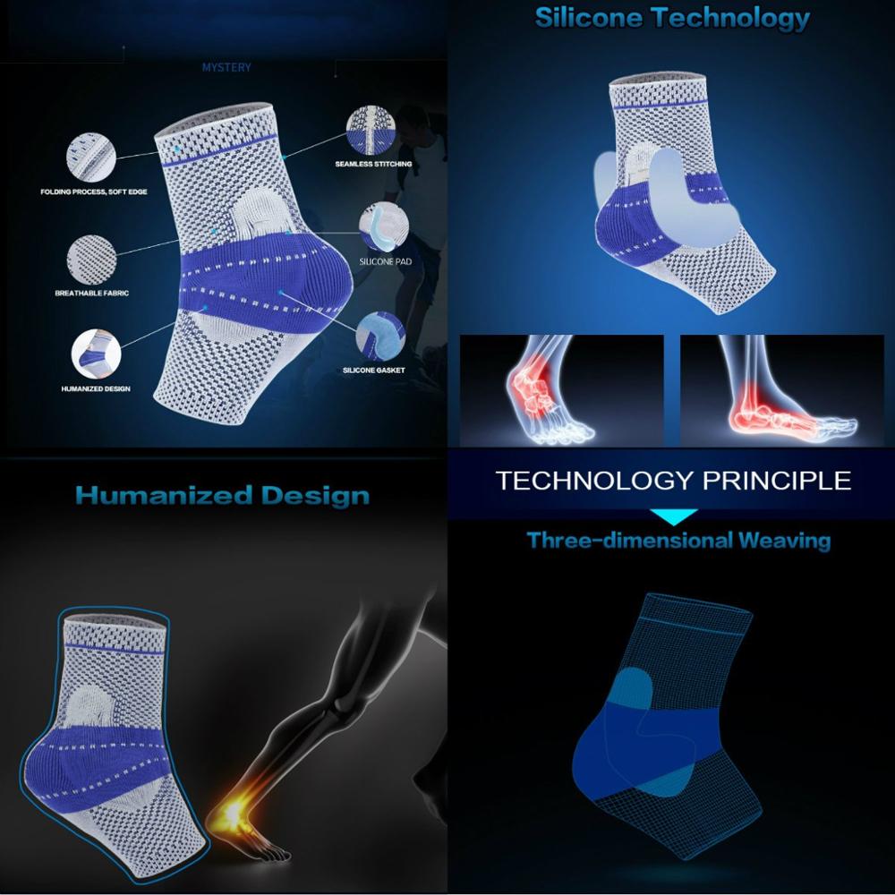Ankelbøjle, elastisk og åndbar ankelstøtte kompressionsærmer ankelstabilisator / fodbeskyttelsessokker med silikoneunderlag