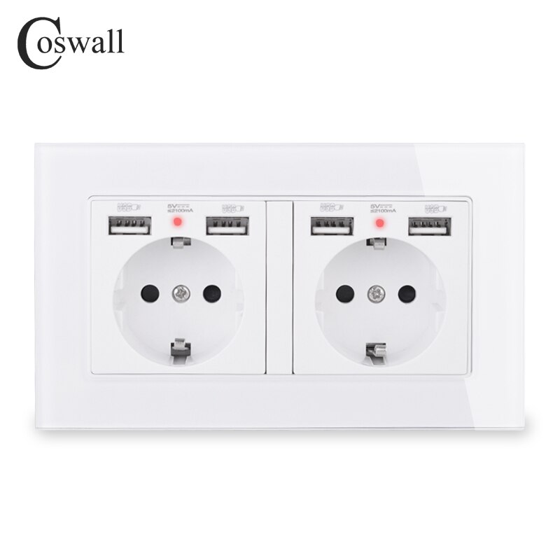 cosmall, 2 grupos, enchufe de pared estándar de la UE de Rusia, España con 4 puertos de carga USB, Panel de cristal con indicador LED suave oculto: White