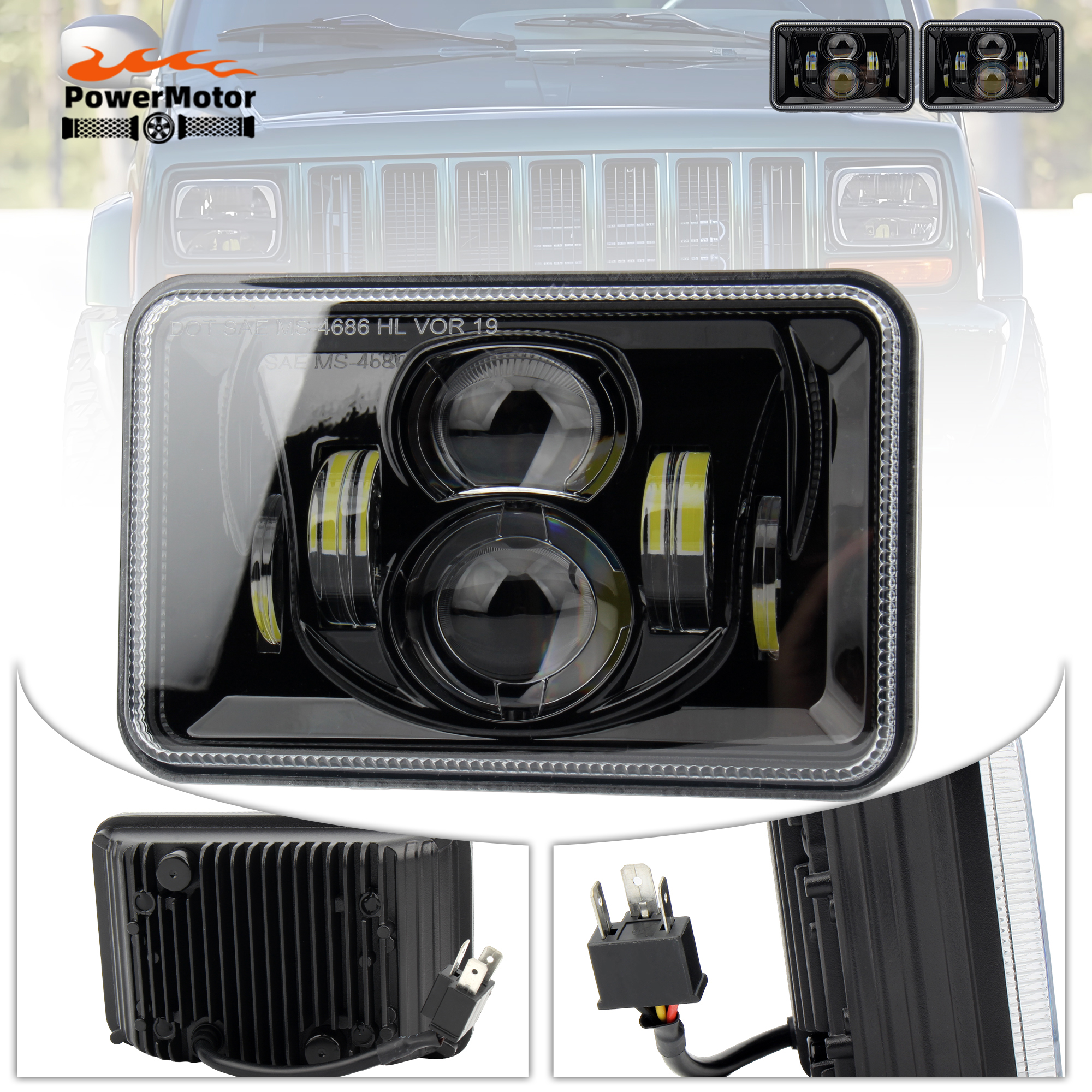 4×6 Rectangular Led Headlight 60W Driving High Low Beam Lights H4651 H4652 H4656 H4666 H6545 Headlamp Replacement Compatible