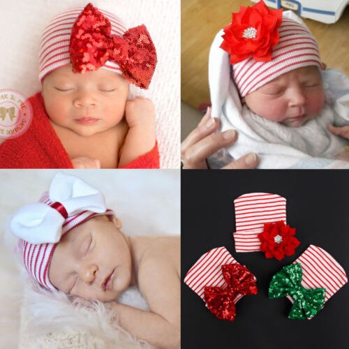 Chrismas Newborn Toddler Kids Baby Boys Girls Xmas Sequins Bowknot Floral Striped Hat Winter Warm Crochet Knit Beanie Cap