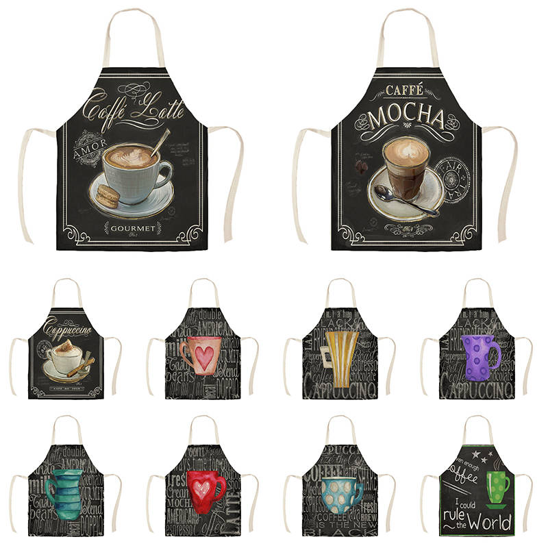 Coffee Pattern Kitchen Aprons for Woman Man Home Cooking Baking Shop Cleaning Cotton Linen Apron WQi857