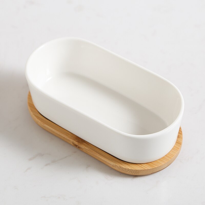 Ceramic Plate Snack Tray with Wooden Cover Wooden Pallets Fruit Plate Salad Bowl Snack Platter Dried Fruit Plates Dim Sum Dish: 1 grid with tray