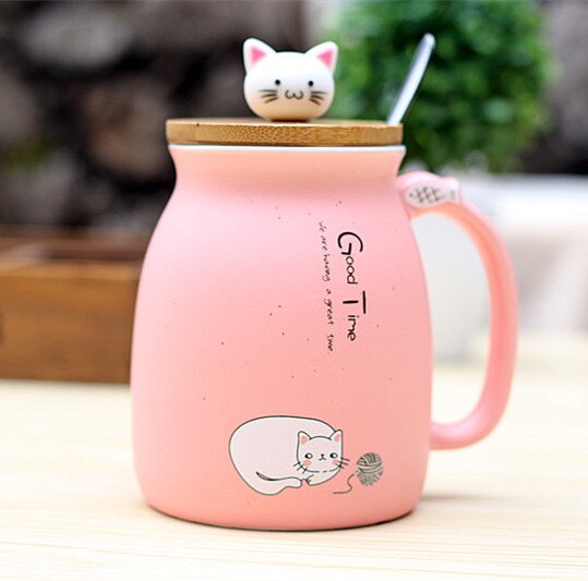 Joylove 450ml tegneserie keramik kat krus med låg og ske kaffe mælk te krus morgenmad kop drinkware nyhed: Lyserød