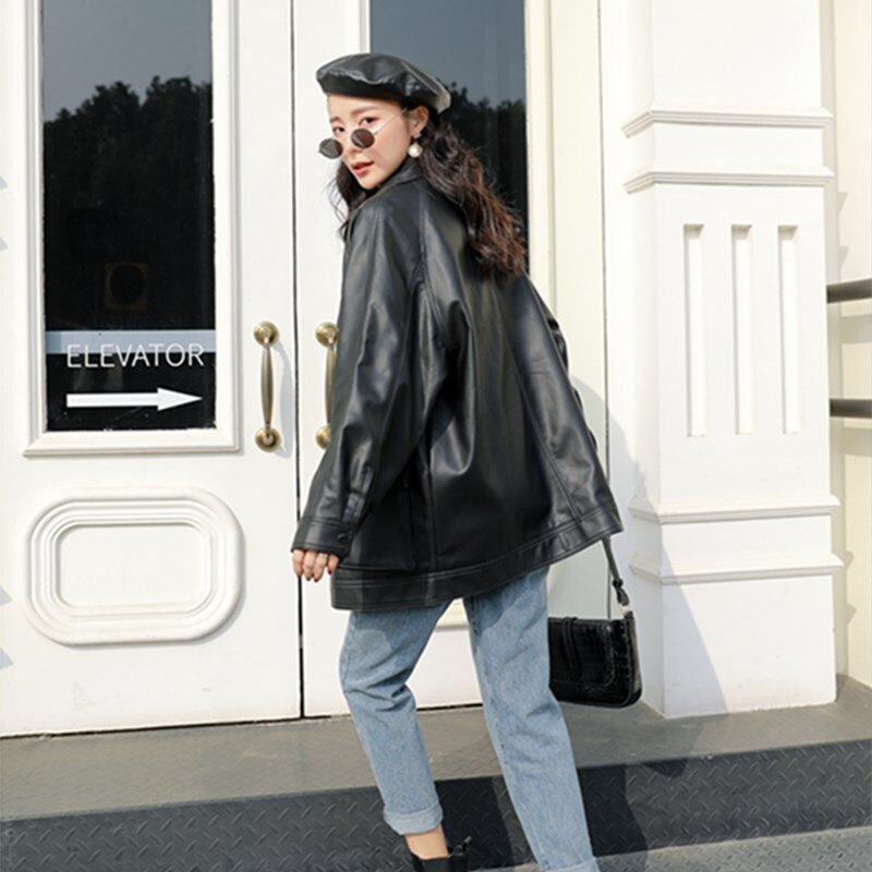 Fmfssom vår höst fyra stora fickor chic lös biker bf vintage kvinnor dam pu skinnjacka skinn moto jacka