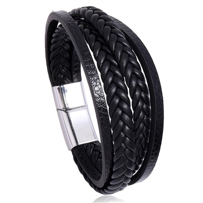 Handmade Men Leather bracelet Hand Braided Multilayer Magnetic Braslet For Male Hip Hop Armband Jewelry Homme: Silver Black