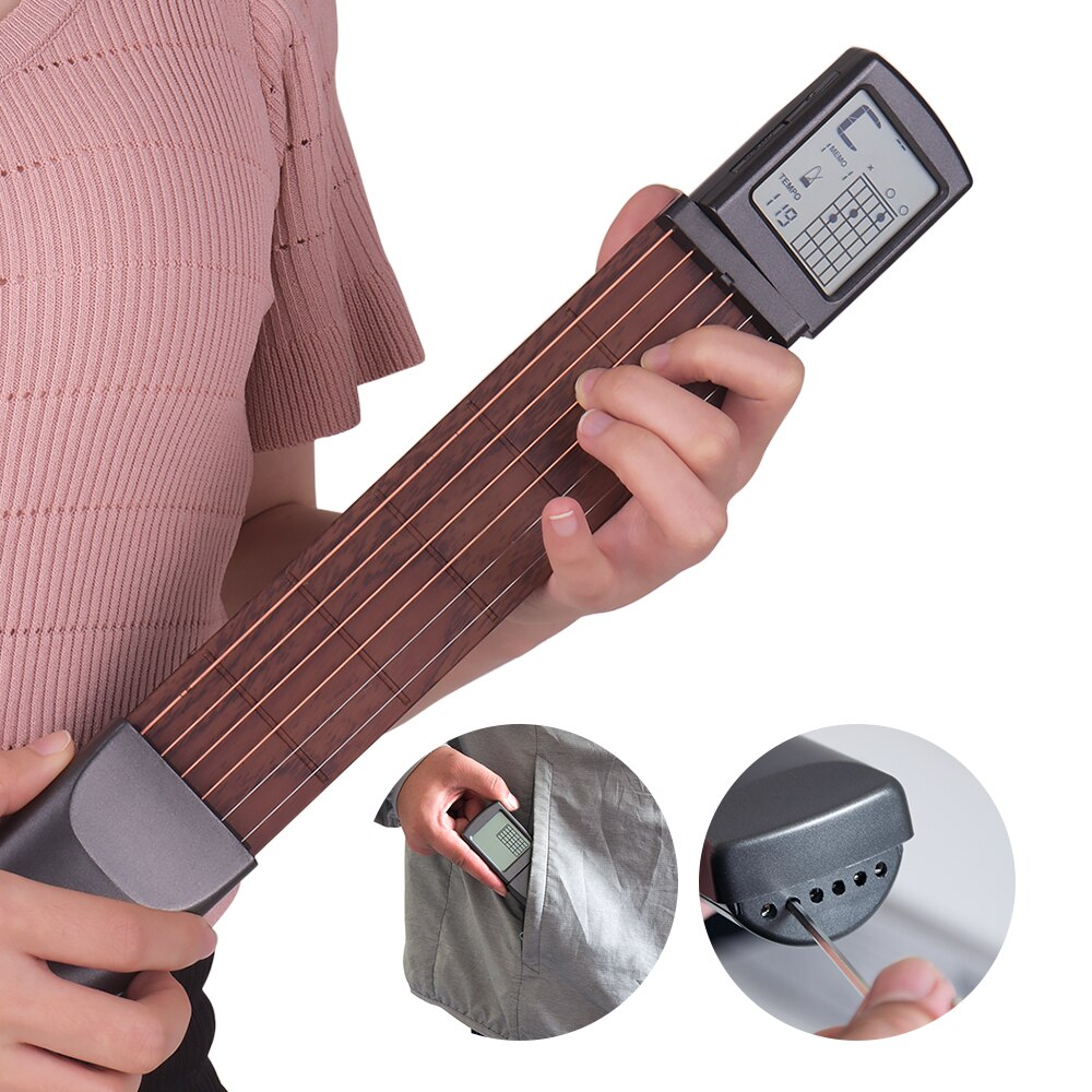 6-String Pocket Guitar Chord Trainer Folk Guitar Practice Tools Gadget 6 Frets with Rotatable Chords Chart Screen for Beginners