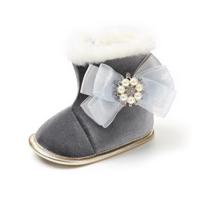 Bottes pour bébés filles en coton | Chaussures chaudes à nœud papillon pour nourrissons, chaussures d'hiver: Gray / 13-18 mois