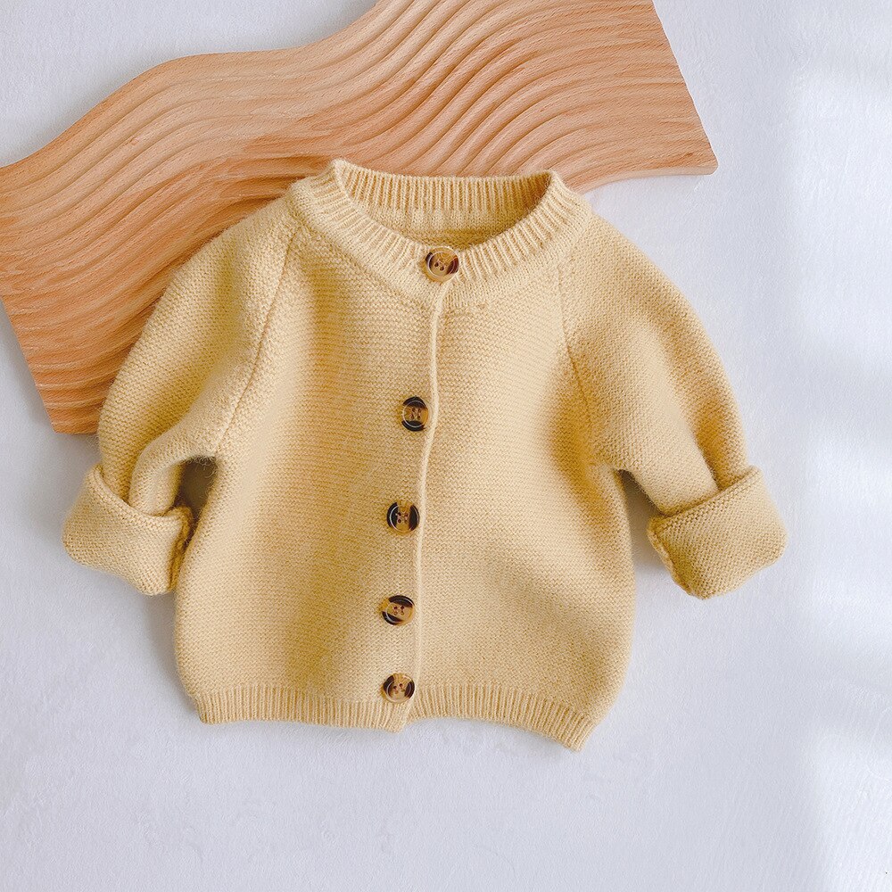 Hiver enfants tricot chandails coréenne tout-match de couleur unie pull bébé filles garçons Cardigan pull veste Bebe manteau: YELLOW / 73-6-12M