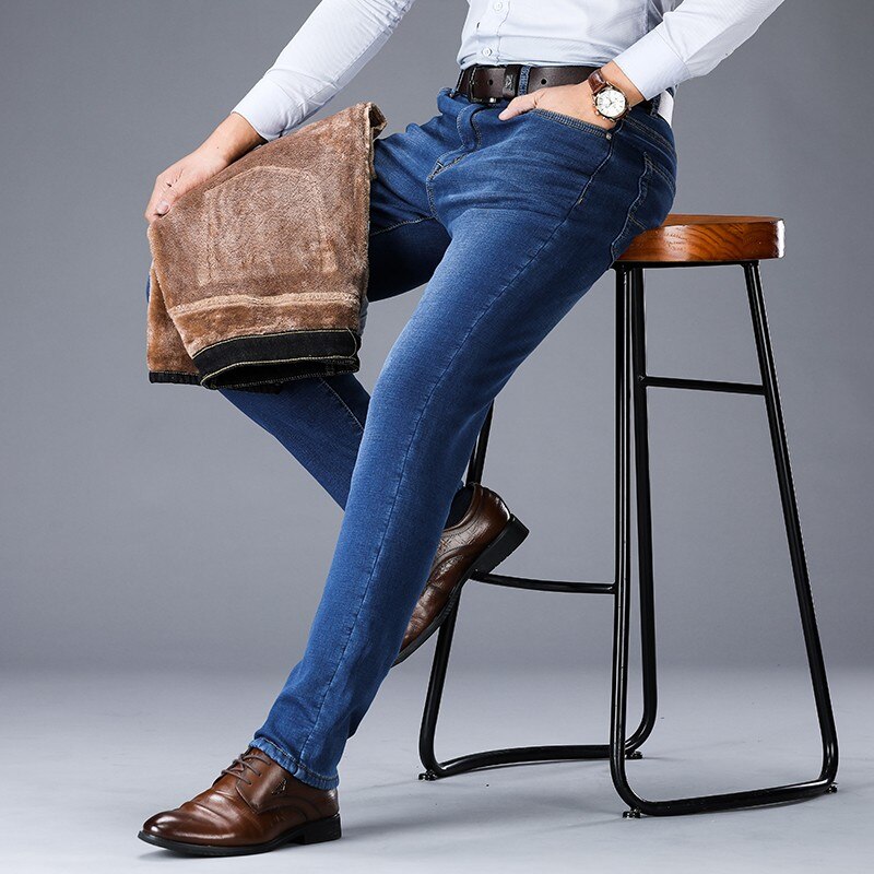 Jean extensible en flanelle thermique pour homme, pantalon droit en polaire, coupe droite, collection automne et hiver