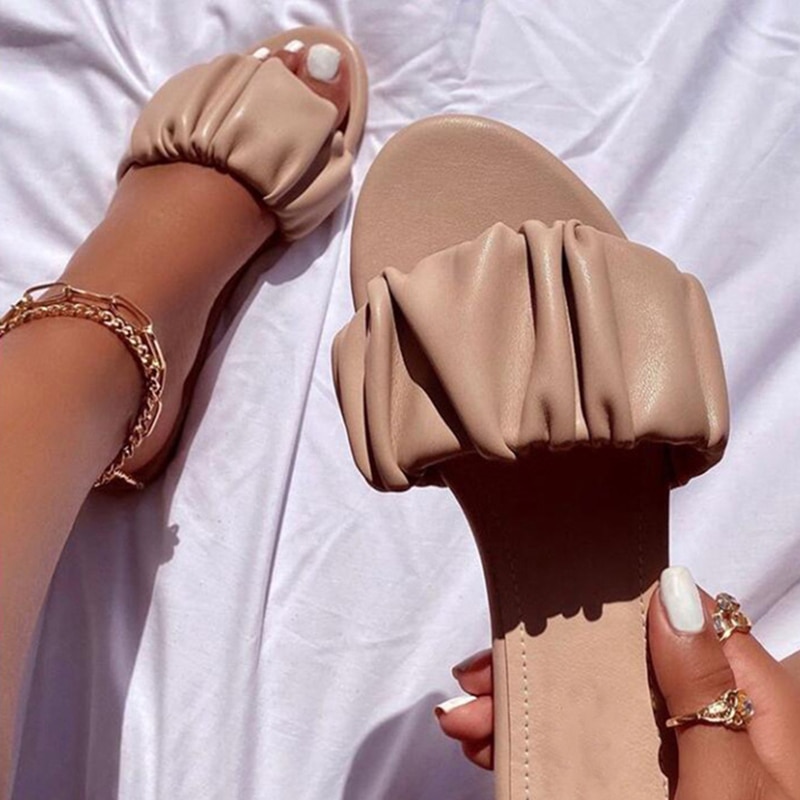Dames geplooide pantoffels dames buiten zomerschoenen dames casual open teen platte dames strandschoenen dames slippers plus size