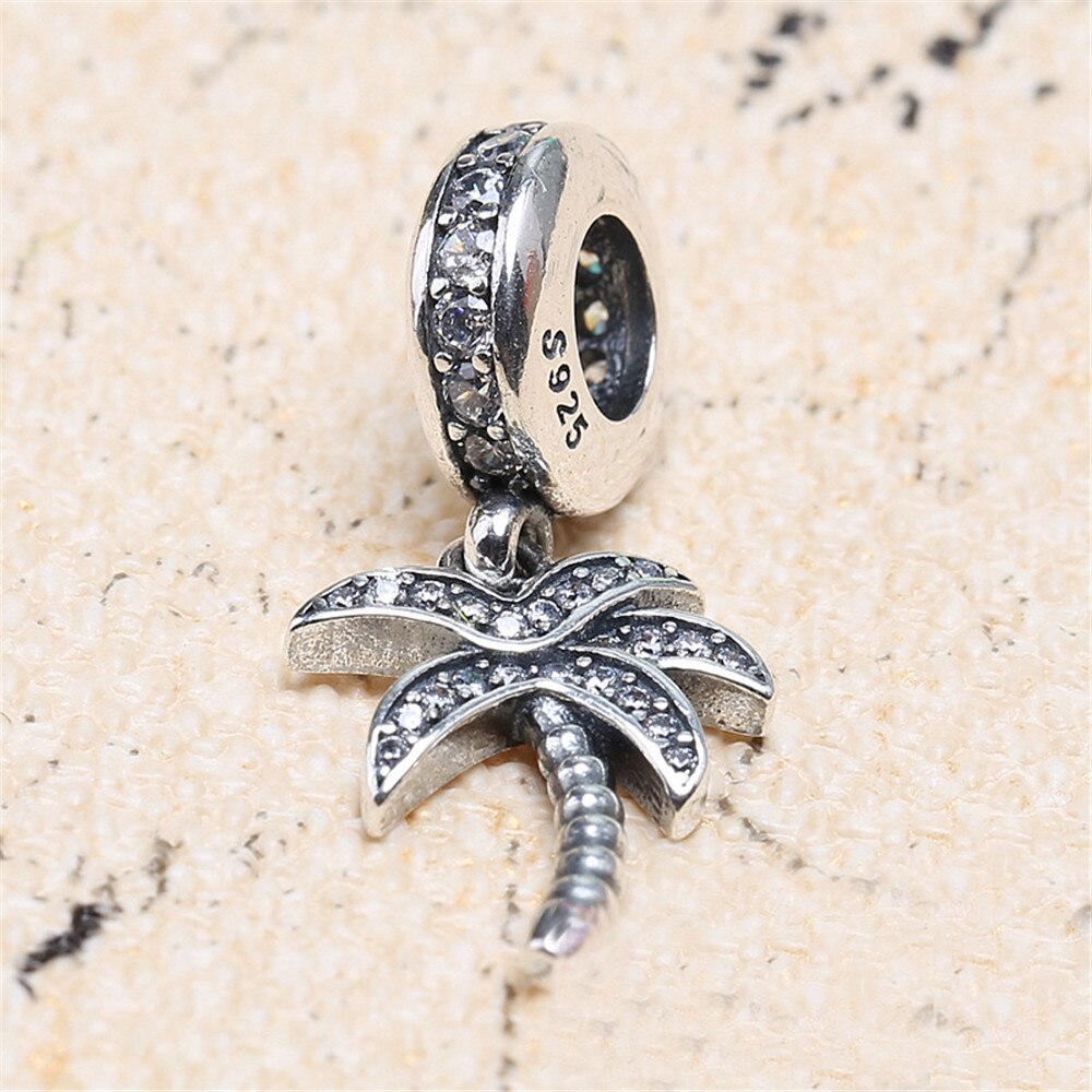 Genuine 925 Sterling Silver Bead Charm Vintage Palm Tree With Crystal Pendant Beads Fit pan Bracelet & Necklace Jewelry