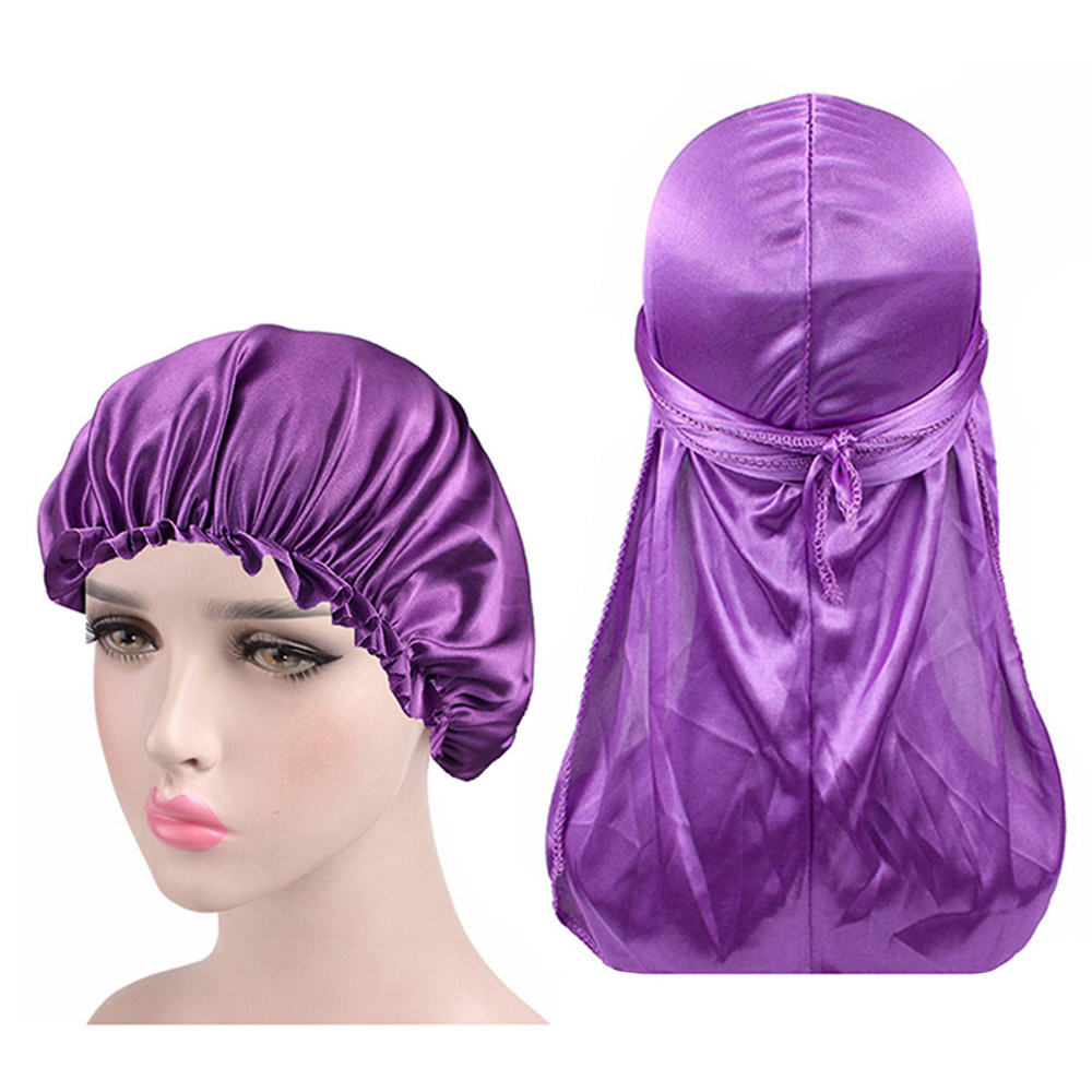 Silkemyk durag og pansersett for menn og kvinner langhale du-rag waves cap turban: Lilla