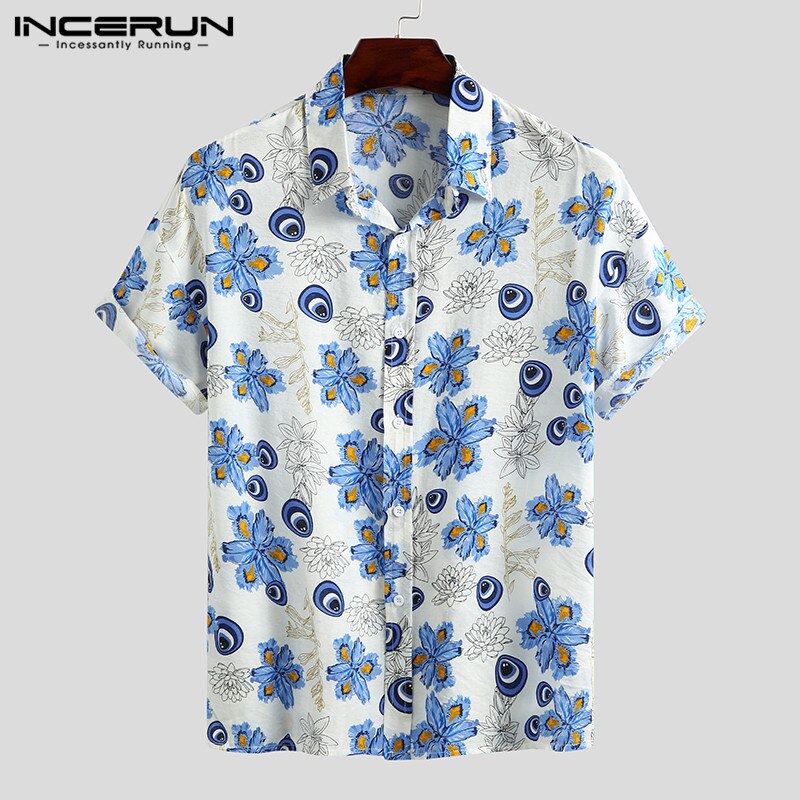 Incerun heren hawaii overhemd bloemenprint casual korte mouwen revers chique zomer strand shirts streetwear camisa s -5xl: Wit overhemd / Xl