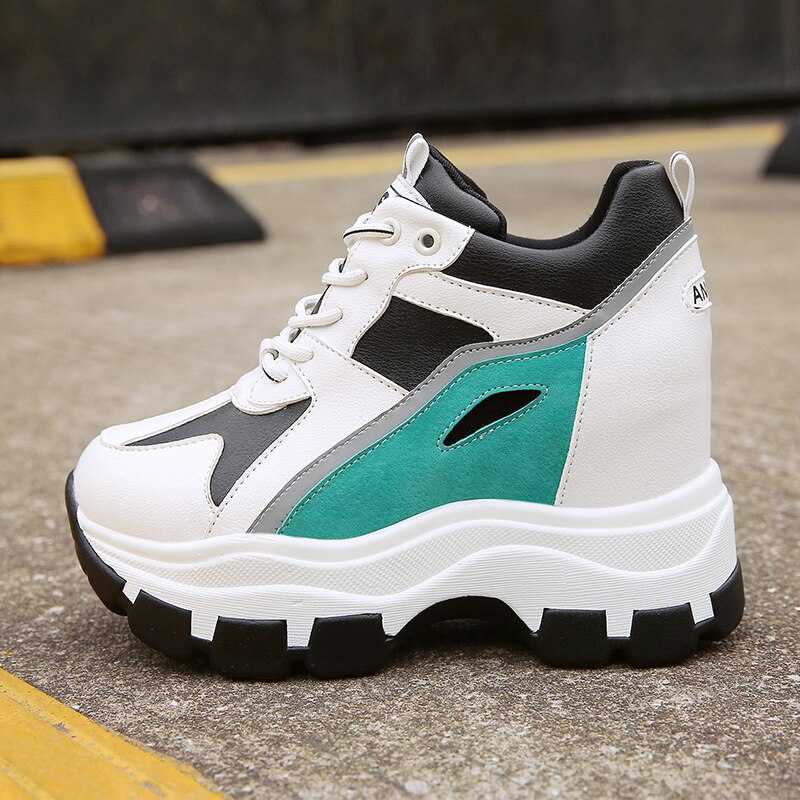 Våren skjult hæl dame joggesko høy plattform fritidssko blonder -up 8cm kvinner pustende kilesko zapatos mujer: Grønn / 6.5