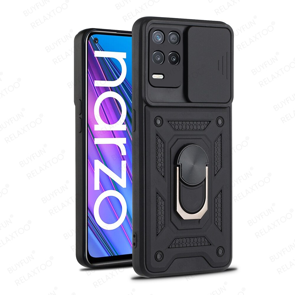 Pokrowiec na Realme Narzo 30 5G etui z pierścieniem uchwyt magnetyczny pancerz odporny na wstrząsy Coque Realmi Narzo30 5G 6.5 &#39;&#39;Push Camera Protect Funda: For Narzo 30 5G / Black-01