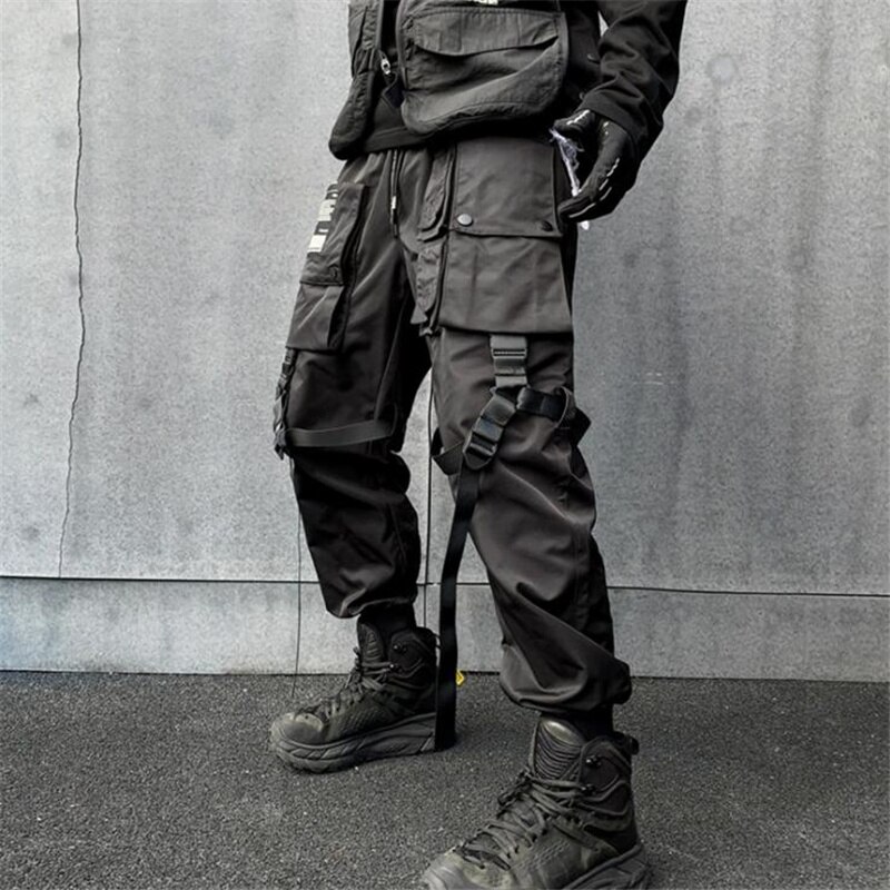 Techwear – pantalon Cargo multi-poches pour hommes, avec rubans, Hip Hop, Streetwear, Goth Punk, Harajuku, survêtement décontracté: M