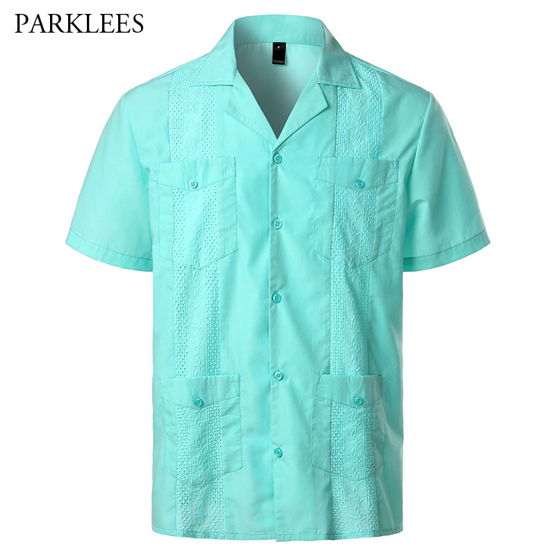 Kubanischen Camp Guayabera Shirt Männer Kurzarm Casual-Taste Unten Stickerei Mens Shirts Weiche Atmungsaktive Einfarbig Strand Shirts